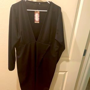 Plus black plunge faux wrap dress